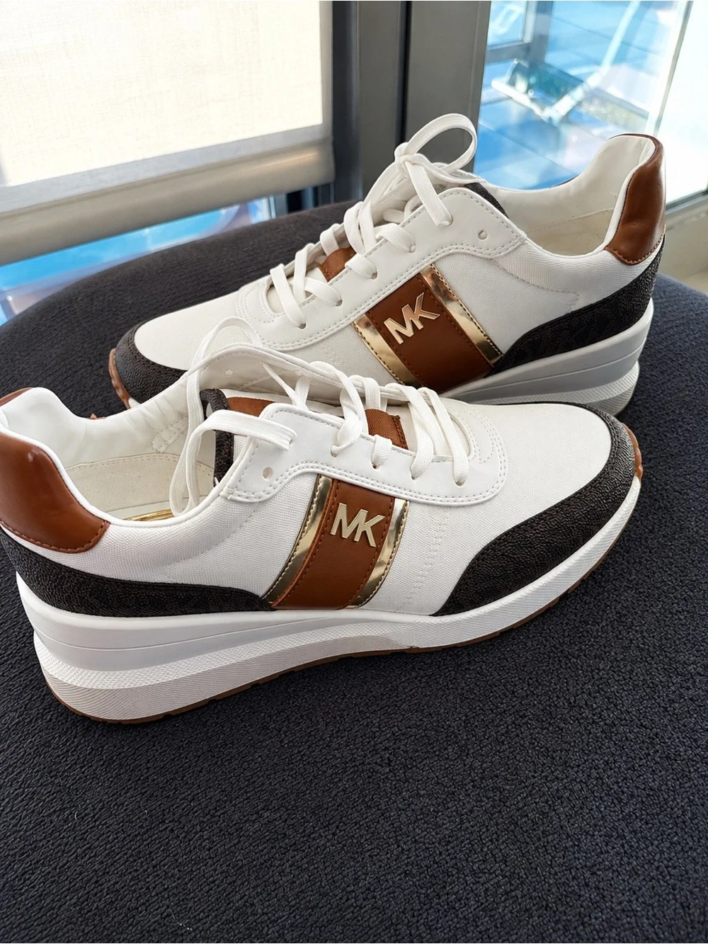 Michael Kors White, Brown & Gold MK Platform Sneakers